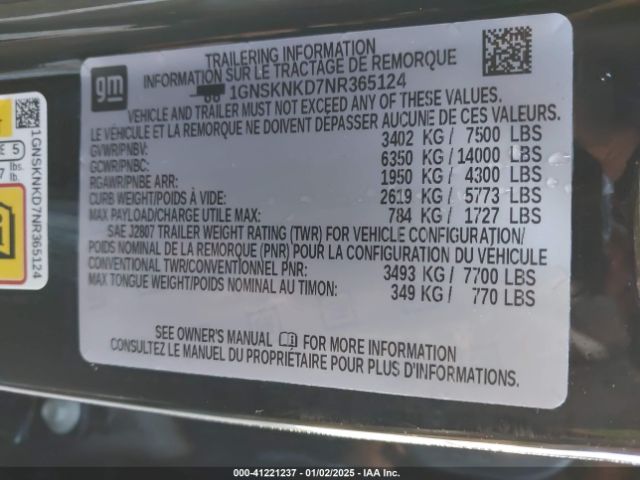 1GNSKNKD7NR365124 Chevrolet Tahoe 4wd Lt