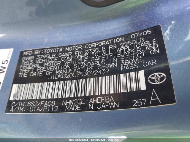 Aukcja sprzedaży 2005 Toyota Prius, vin: JTDKB20U753092439, numer aukcji: 41221264