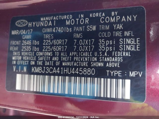 KM8J3CA41HU445880 Hyundai TUCSON SE
