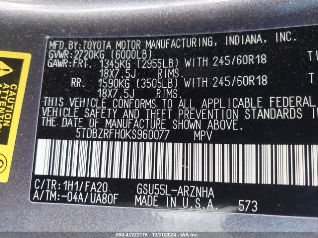 5TDBZRFH0KS960077 Toyota Highlander Le Plus