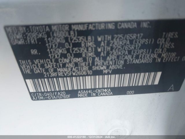2T3RFREV5FW260610 Toyota Rav4 Xle