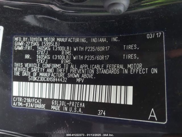 5TDKZ3DCXHS844432 Toyota Sienna Le 8 Passenger