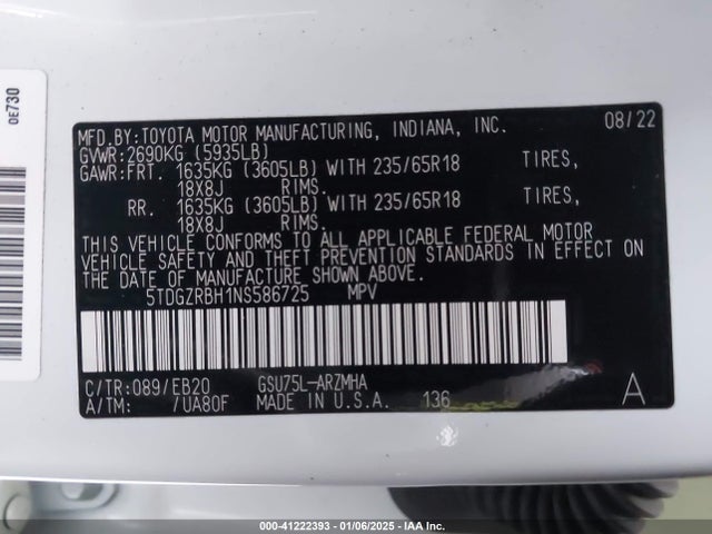 5TDGZRBH1NS586725 Toyota Highlander Xle
