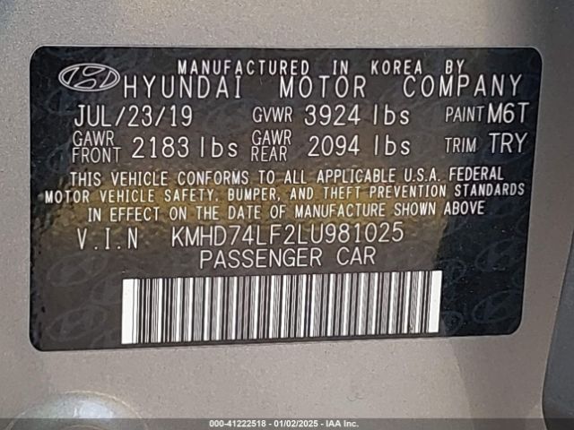 KMHD74LF2LU981025 Hyundai ELANTRA SE