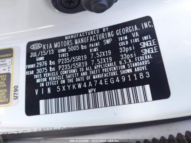 5XYKW4A74EG491183 KIA Sorento Limited V6