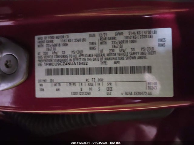1FMCU9CZ4NUA15452 Ford Escape Sel Hybrid