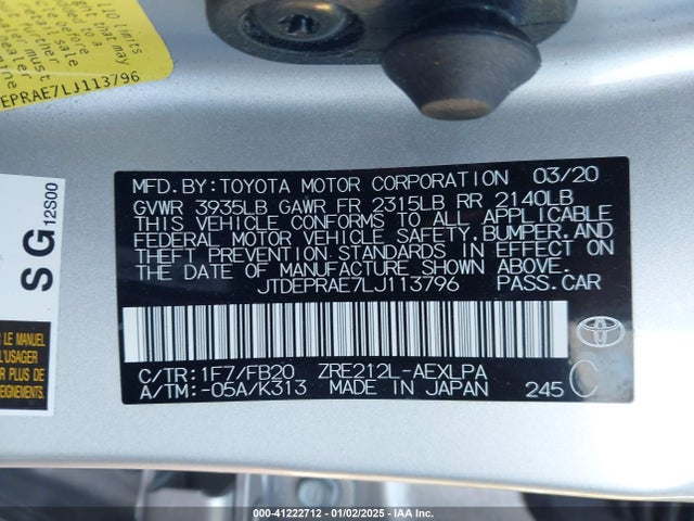 JTDEPRAE7LJ113796 Toyota COROLLA LE