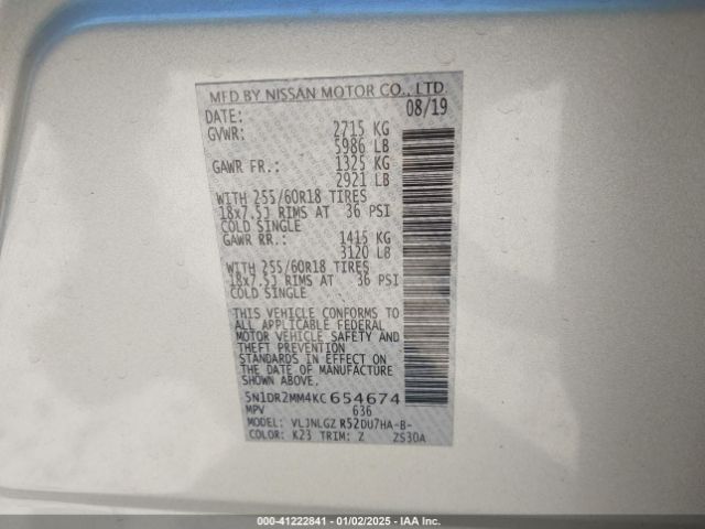 5N1DR2MM4KC654674 Nissan Pathfinder Sl