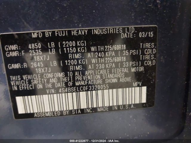 4S4BSELC0F3320055 Subaru Outback 3.6r Limited