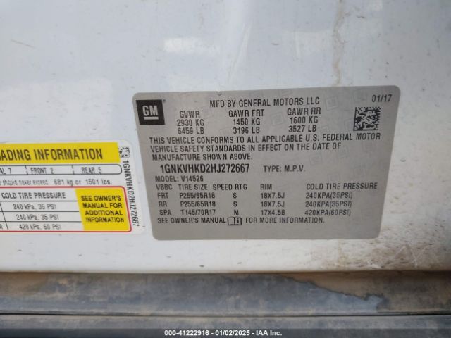 1GNKVHKD2HJ272667 Chevrolet Traverse 2lt