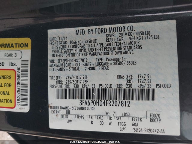 Ford FUSION SE 2015 3FA6P0HD4FR207812 Image 9