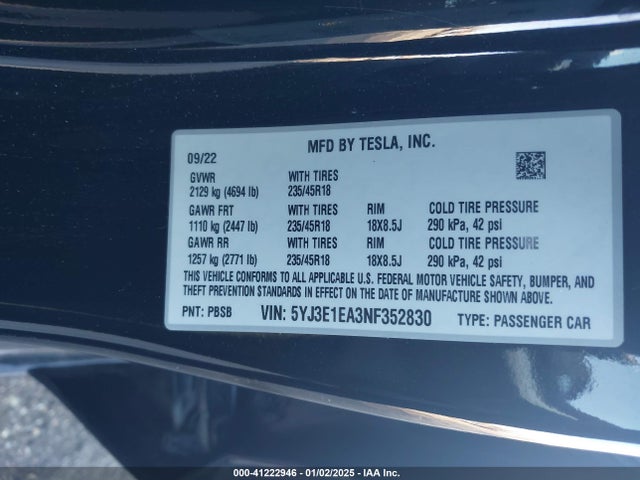 2022 TESLA MODEL 3 5YJ3E1EA3NF352830 Photo 8