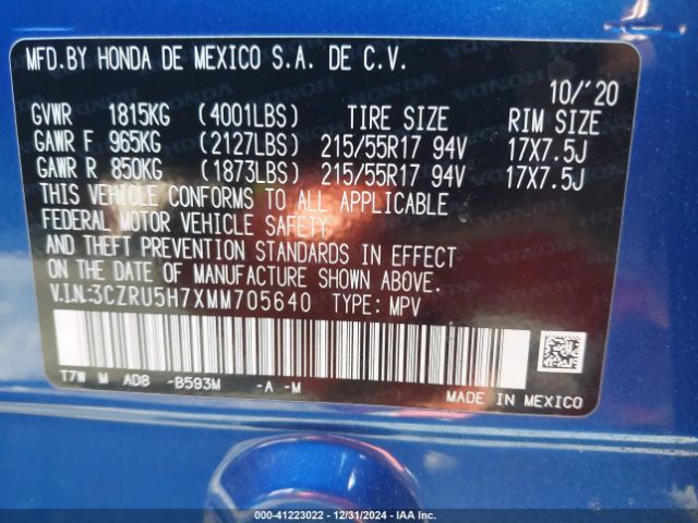 3CZRU5H7XMM705640 Honda Hr-v 2wd Ex-l