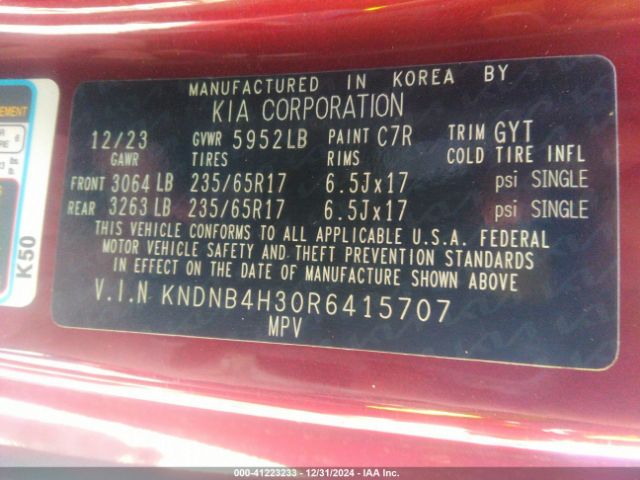 KNDNB4H30R6415707 KIA Carnival Mpv Lx Seat Package