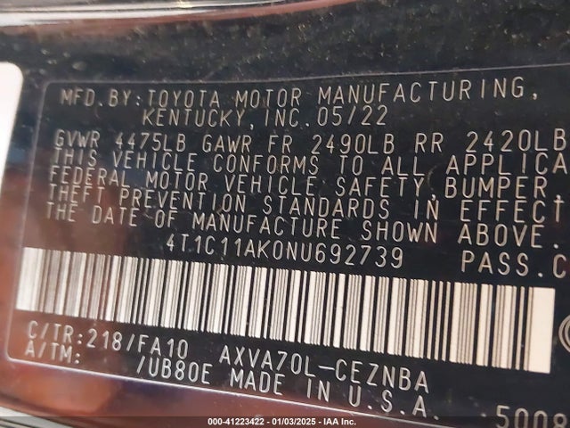 4T1C11AK0NU692739 Toyota CAMRY LE