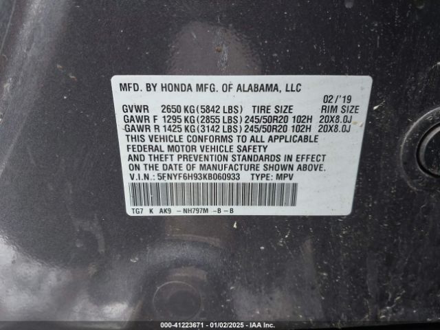5FNYF6H93KB060933 Honda Pilot Touring