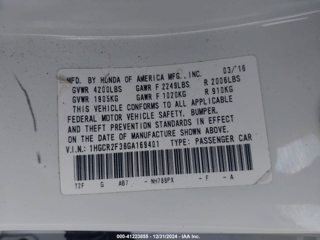 Honda ACCORD LX 2016 1HGCR2F38GA169401 Image 9