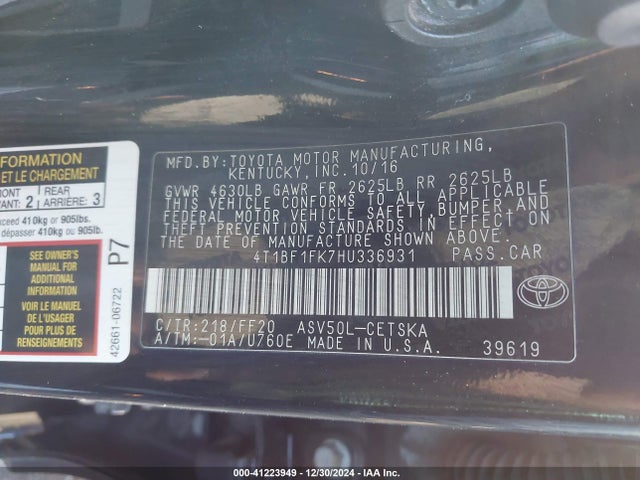 Toyota CAMRY SE 2017 4T1BF1FK7HU336931 Image 9
