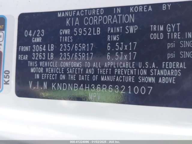 KNDNB4H36R6321007 KIA Carnival Mpv Lx Seat Package