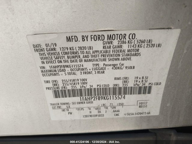 1FAHP2F89KG115574 Ford Taurus Limited