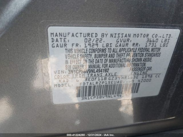 3N1CP5BV9NL494192 Nissan Kicks S Xtronic Cvt