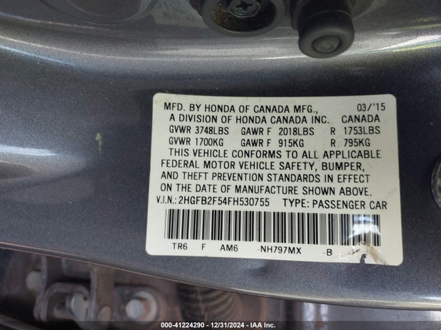 Honda Civic Lx 2015 2HGFB2F54FH530755 Image 9
