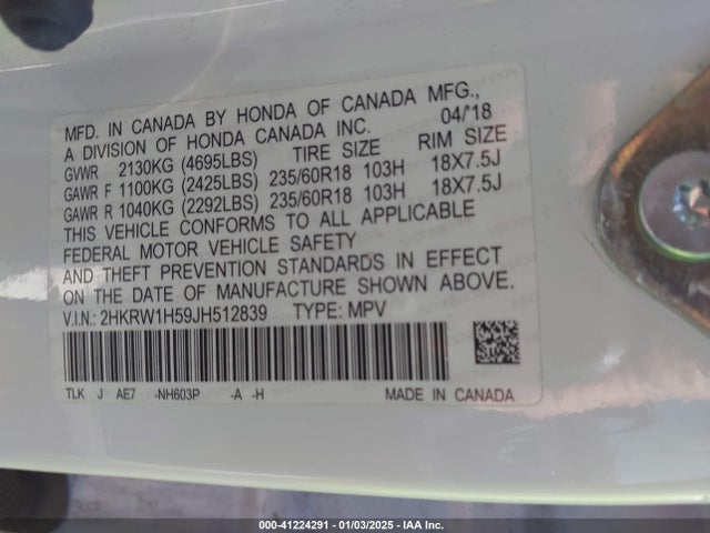 Honda CR-V EX 2018 2HKRW1H59JH512839 Image 9