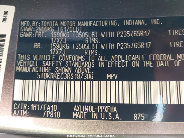 5TDKRKEC3RS187306 Toyota SIENNA LE