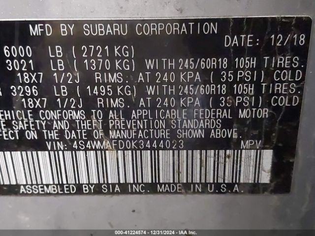 4S4WMAFD0K3444023 Subaru Ascent Premium