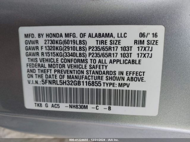 5FNRL5H32GB116855 Honda ODYSSEY SE