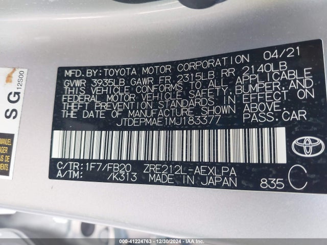 Toyota COROLLA LE 2021 JTDEPMAE1MJ183377 Image 9