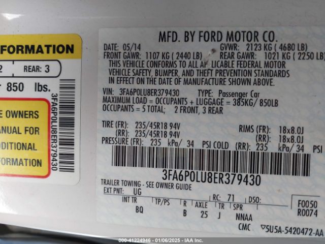 3FA6P0LU8ER379430 Ford Fusion Hybrid Se