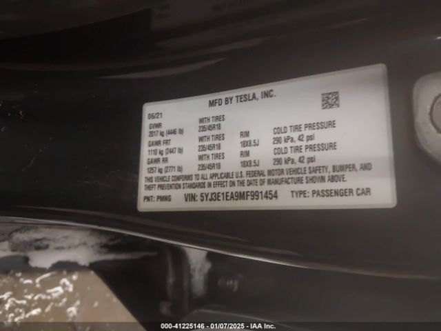 5YJ3E1EA9MF991454 Tesla Model 3 Standard Range Plus Rear-wheel Drive