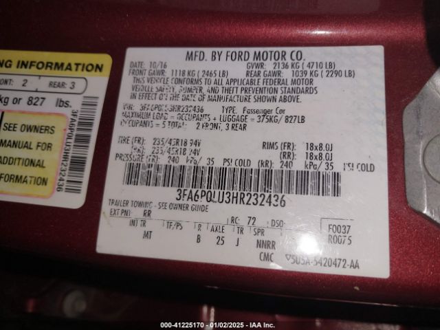 3FA6P0LU3HR232436 Ford Fusion Hybrid Se