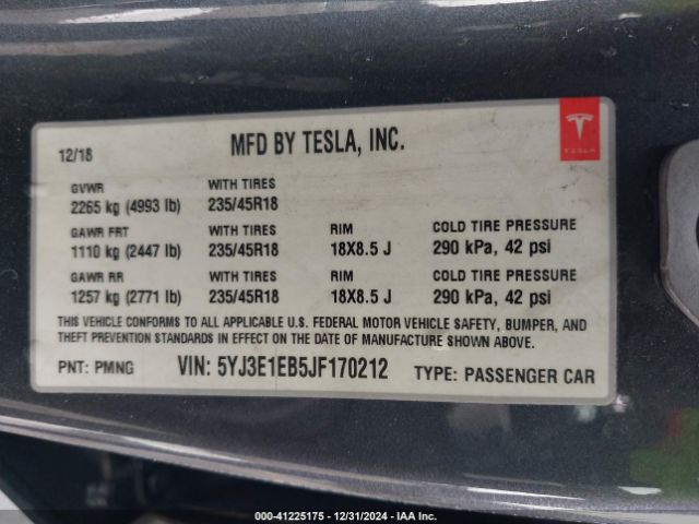 5YJ3E1EB5JF170212 Tesla Model 3 Long Range/performance
