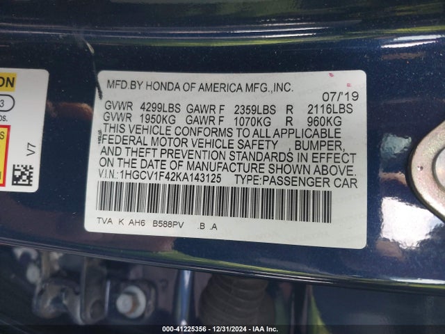 Honda ACCORD EX 2019 1HGCV1F42KA143125 Image 9