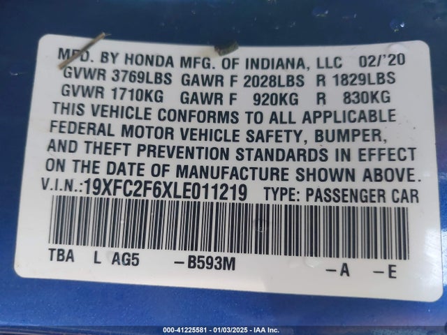 19XFC2F6XLE011219 Honda Civic Lx