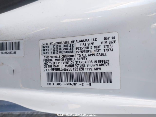 Honda Odyssey Ex-l 2014 5FNRL5H62EB122128 Image 9