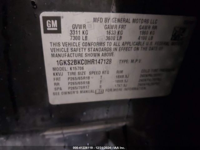 1GKS2BKC0HR147128 GMC YUKON SLT