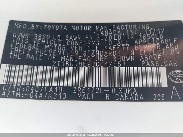 2T1BURHE9JC017551 Toyota COROLLA L