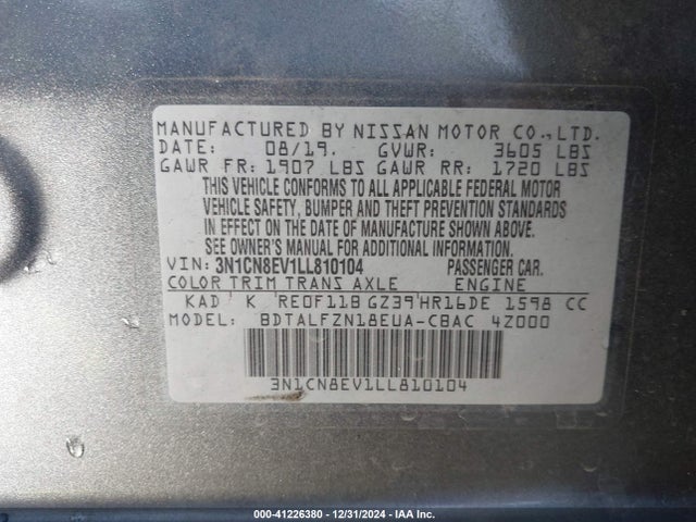 3N1CN8EV1LL810104 Nissan Versa Sv Xtronic Cvt