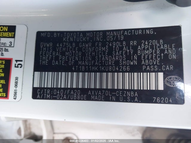 4T1B11HK1KU804266 Toyota CAMRY LE