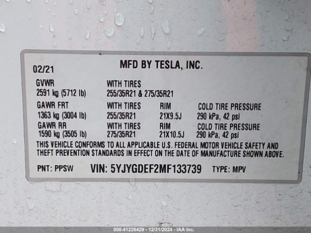 5YJYGDEF2MF133739 Tesla Model Y Performance Dual Motor All-wheel Drive