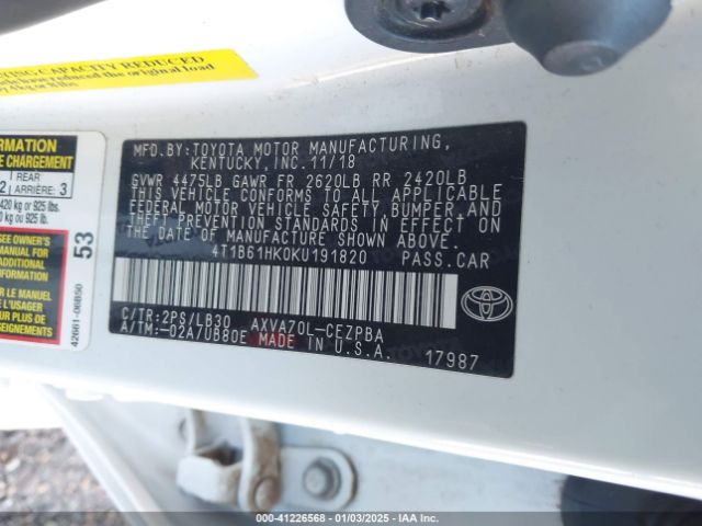 4T1B61HK0KU191820 Toyota CAMRY XSE