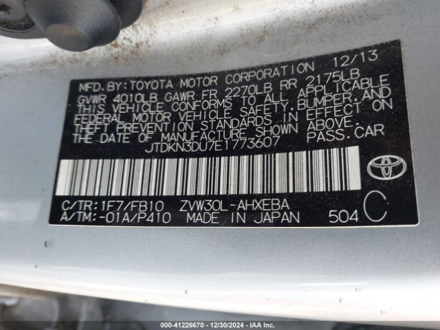 JTDKN3DU7E1773607 Toyota Prius Two