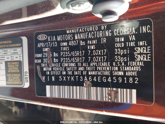 KIA SORENTO LX 2014 5XYKT3A64EG459182 Image 9