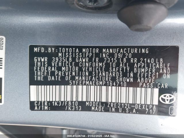 5YFEPMAE6MP164710 Toyota COROLLA LE