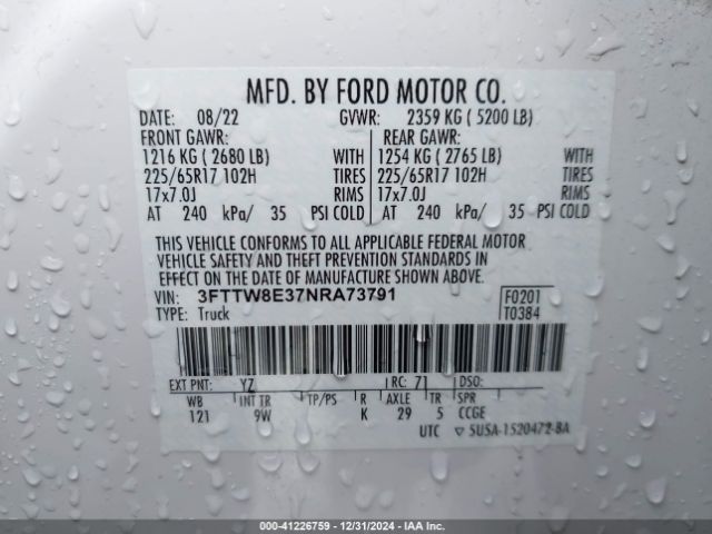 3FTTW8E37NRA73791 Ford Maverick Xl