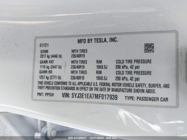 5YJ3E1EA7MF017939 Tesla Model 3 Standard Range Plus Rear-wheel Drive