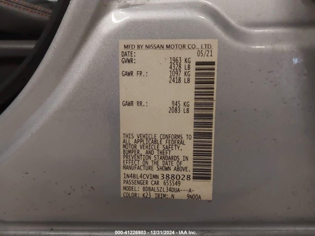 1N4BL4CV1MN388028 Nissan Altima Sr Fwd